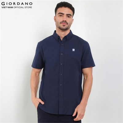 GIORDANO Áo Sơ Mi Nam Ngắn Tay Thêu Logo Sư Tử Cotton Oxford Lion Shirt 01045293