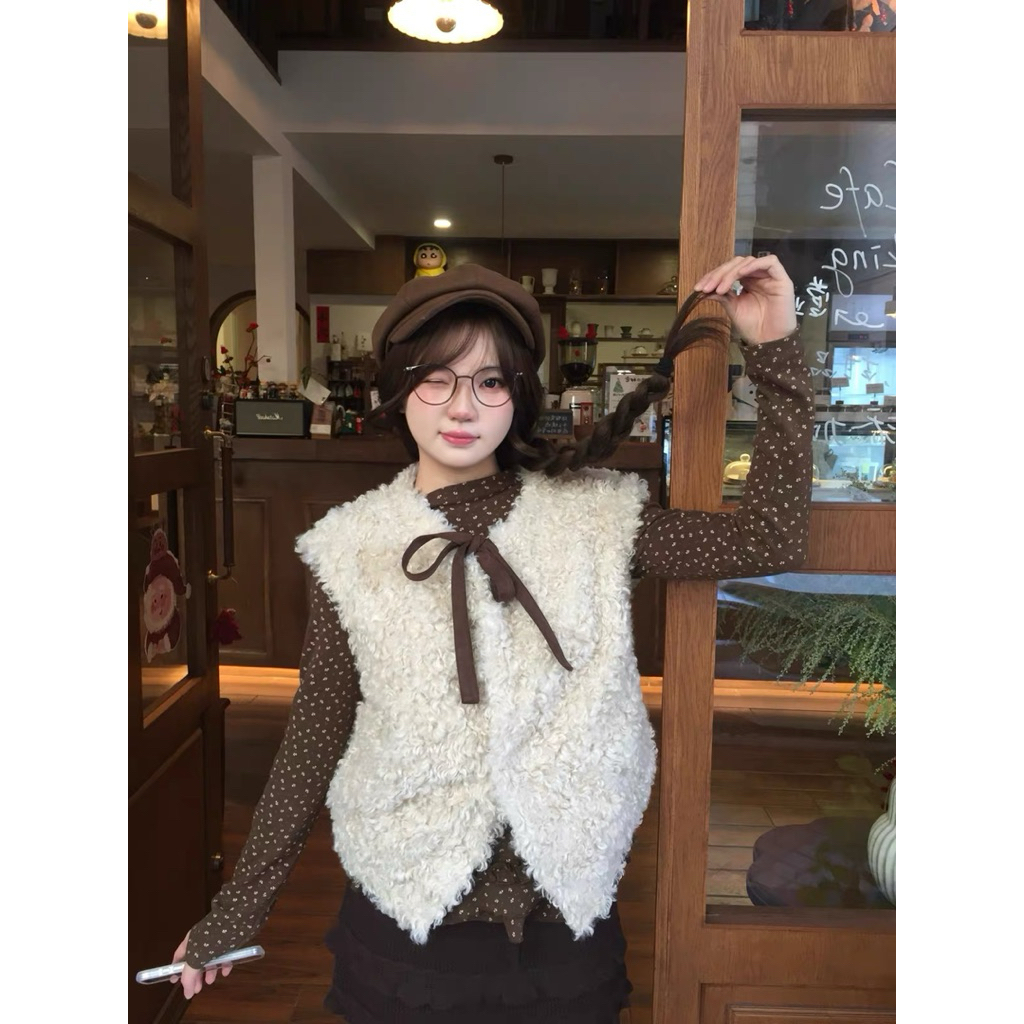 ( HÀNG LOẠI 1) Set Áo Gile Lông Cừu Thắt Nơ Mix Áo Thun Hoa Nhí Nâu Bèo Gấu Ulzzang siêu xinh | BigBuy360 - bigbuy360.vn