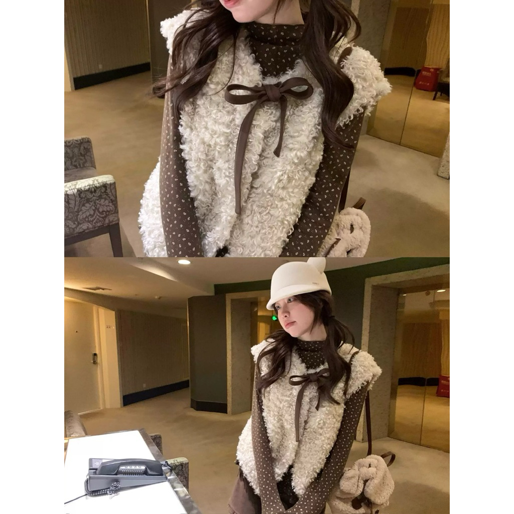 ( HÀNG LOẠI 1) Set Áo Gile Lông Cừu Thắt Nơ Mix Áo Thun Hoa Nhí Nâu Bèo Gấu Ulzzang siêu xinh | BigBuy360 - bigbuy360.vn