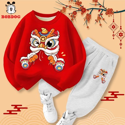 Bộ nỉ bé trai BOBDOG, quần áo thu đông chất cotton da cá ấm áp in hình tết múa lân MX-KS151 cho bé
