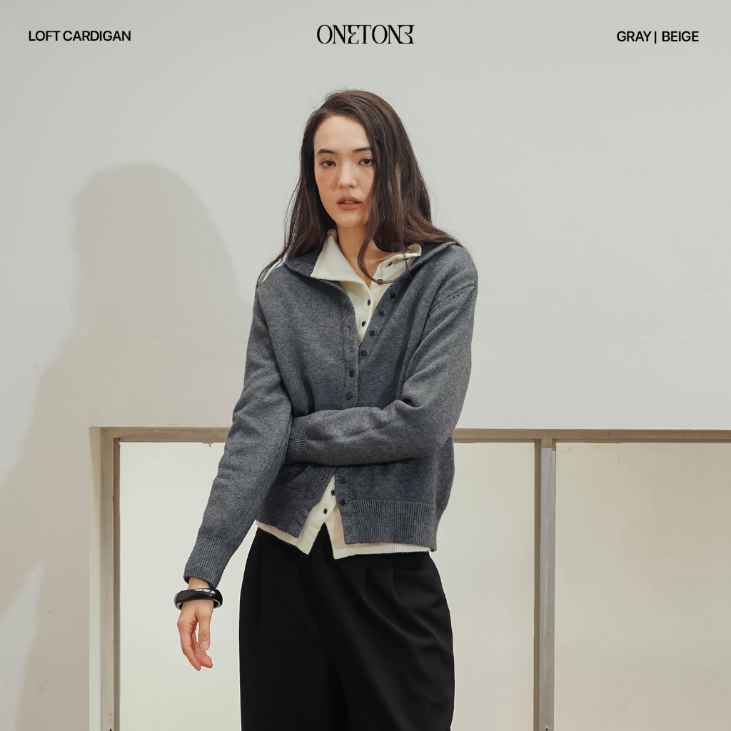 Áo len ONETONE dáng cardigan cúc cài cổ cao Loft