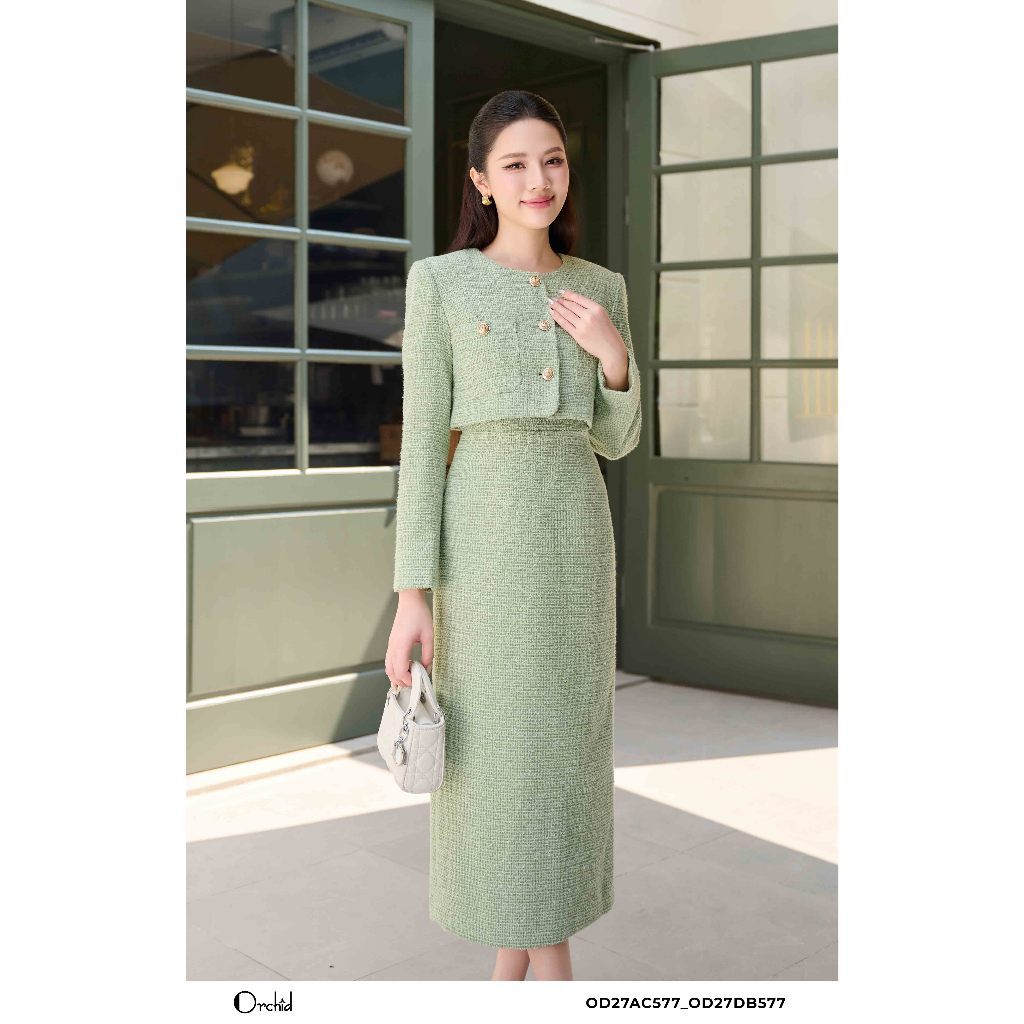 Set bộ áo khoác dáng lửng kèm sát nách chất dạ tweed Orchid - OD27DB577_OD27AC577