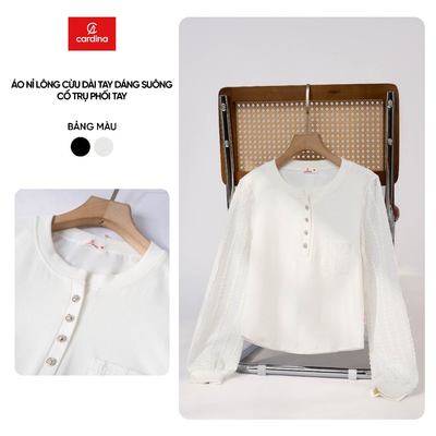Áo nỉ nữ CARDINA chất liệu nỉ lông cừu cổ trụ phối tay ren dệt nổi 5ALD07