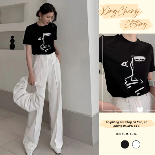 Áo thun nữ tay ngắn màu đen công sở sang trọng co dãn 4 chiều form ôm nhẹ in LIPS EYE mã NXC65