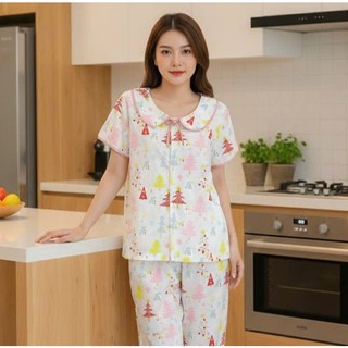 Bộ đồ ngủ mặc nhà nữ quần lửng áo cộc tay cổ sen chất Cotton, Lụa Mango, Đũi, Kate đủ size