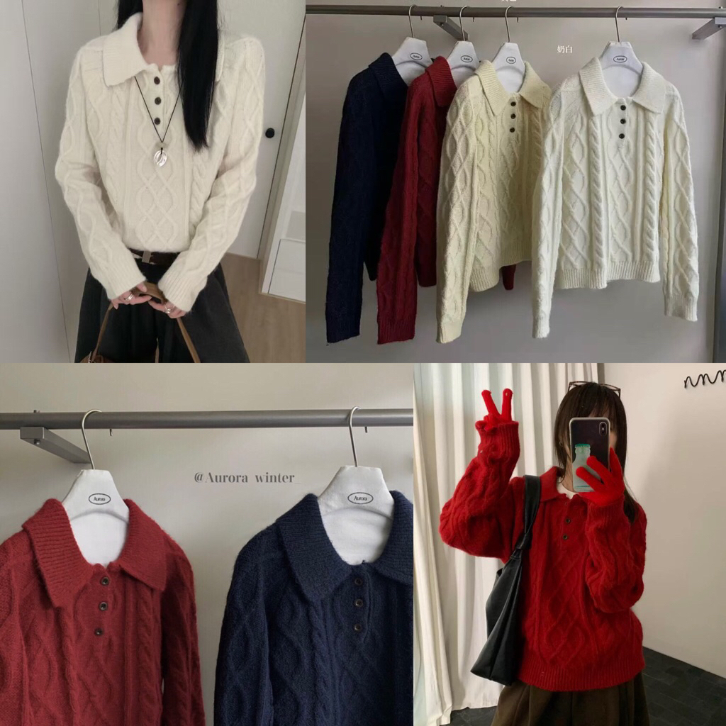 𝟏𝟎𝟗𝐜𝐦 (sẵn một số màu) Áo len thừng cổ polo Erume form rộng dày dặn