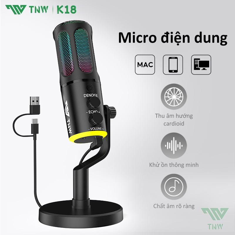 TNW K18 Micrô chơi game không dây USB Đèn RGB Condenser Micro thu âm mic game cho PC/game/livestream