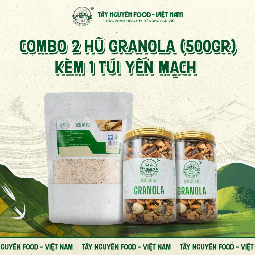 Combo 2 hũ Granola không đường 500g tặng kèm 1 bịch Yến mạch cán mỏng 250g Tây Nguyên Food – Việt Na