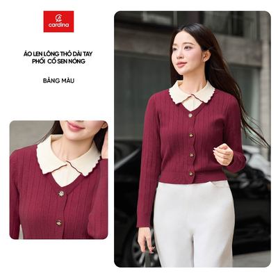 Áo len nữ CARDINA chất liệu len lông thỏ dài tay phối cổ sen sóng 5ALD12