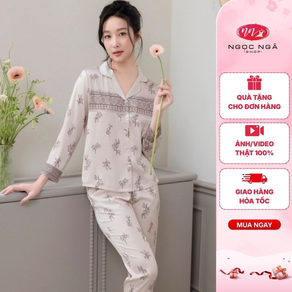 Set bộ lụa PIJAMA nhà IK cao cấp , chất lụa LUXURY mềm mịn nhẹ thoáng, hoaj tiết lá kẻ thổ ngang áo 
