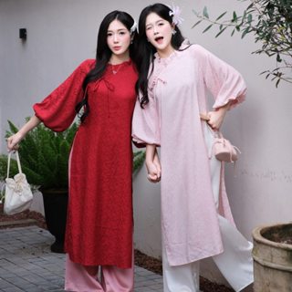   HAVANA  CÓ BIGSIZE - Áo dài lụa gấm DUYÊN NGHI tay bồng phối cổ bèo cách điệu kèm quần Satin AD196 