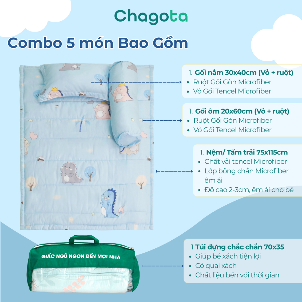 Bộ Chăn Nệm Cho Bé Đi Học Tencel Microfiber size 75x115cm Chagota Bedding Nhỏ Gọn Gấp Gọn Tiện Lợi Kèm Túi Tiện Lợi | BigBuy360 - bigbuy360.vn