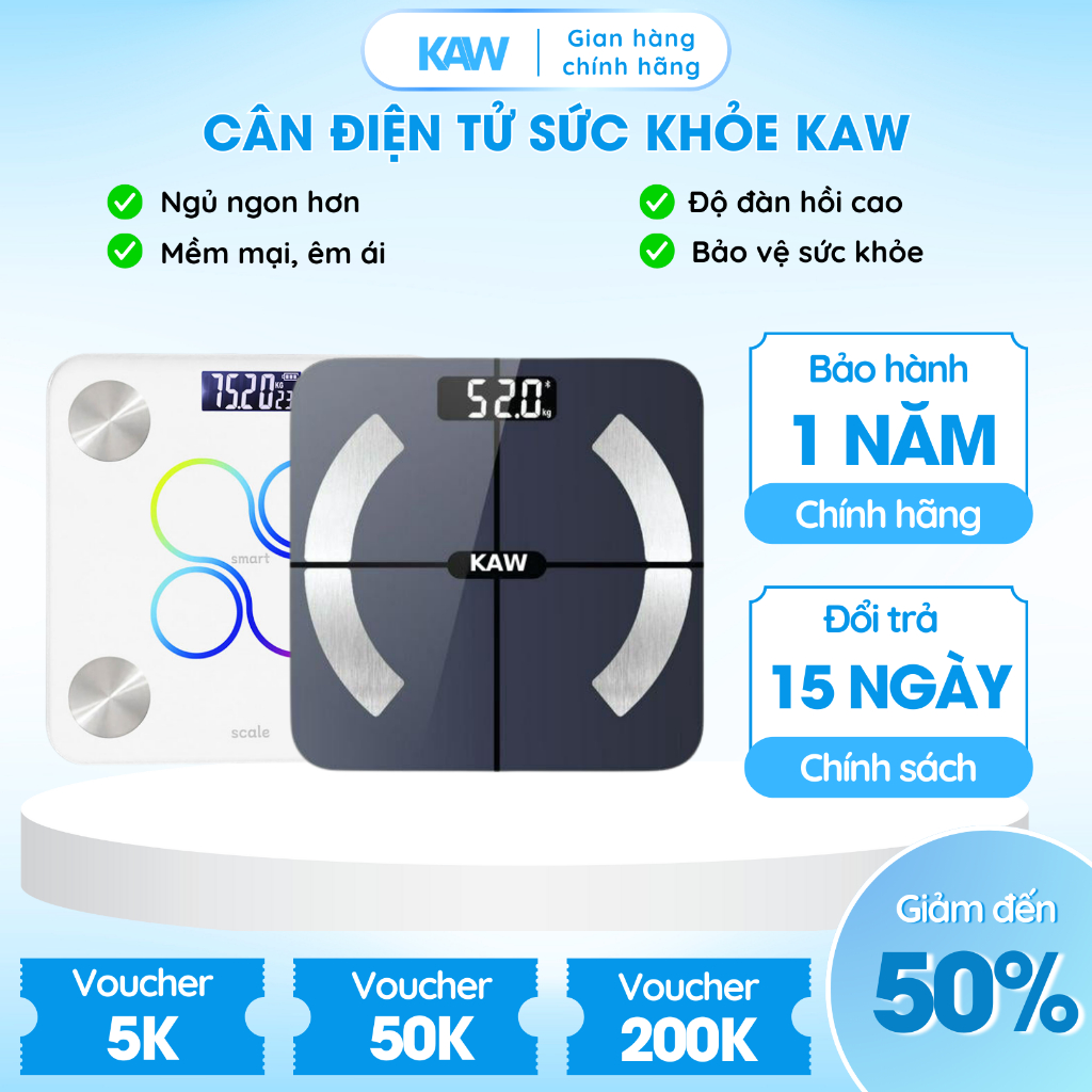 Cân Điện Tử Sức Khỏe KAW, Phân Tích Chỉ Số Cơ Thể, Kết Nối Điện Thoại Qua Bluetooth, Đo 21 Chỉ Số