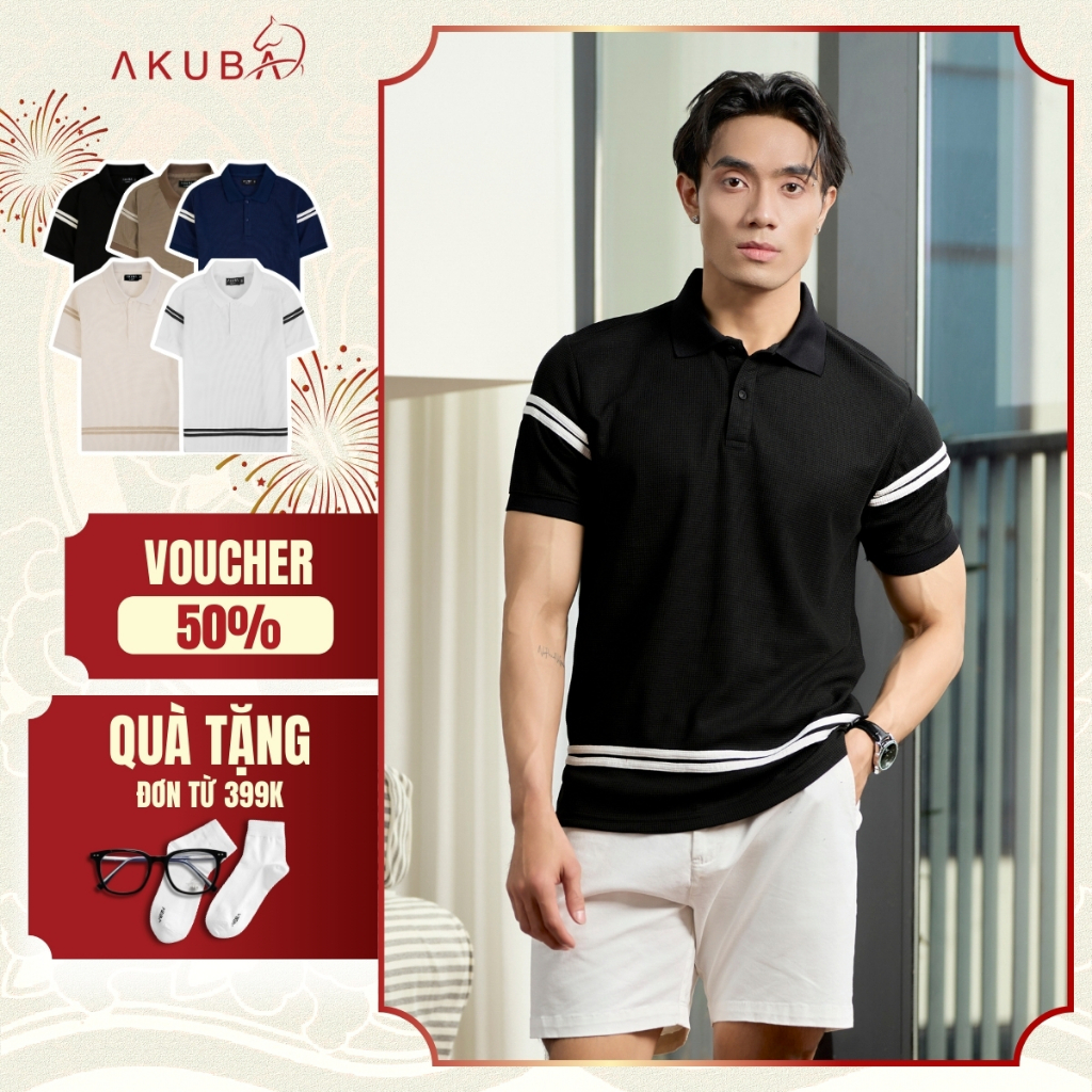 Áo Polo Nam AKUBA Tay Ngắn Thoáng Mát Form Chuẩn - Kẻ Tay & Lai Áo | 01HE1314