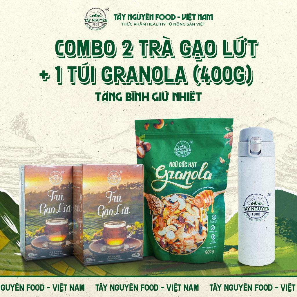 [Tặng Bình giữ nhiệt] Combo 2 hộp Trà gạo lứt 500g và 1 bịch Granola loại 400g Tây Nguyên Food - Việ