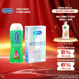  Bộ 1 hộp  Durex Invisible siêu mỏng  size 52mm  và 1 chai gel bôi trơn Durex Massage 2n1 200ml 