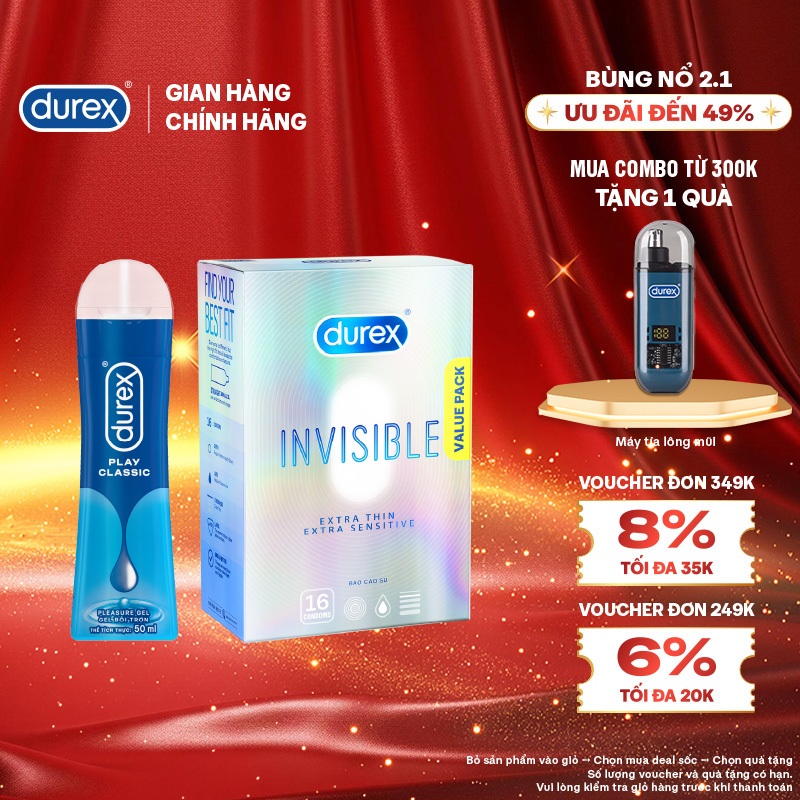  Combo Durex Invisible siêu mỏng hộp 16 bao và Gel bôi trơn Durex Play Classic chai 50ml 