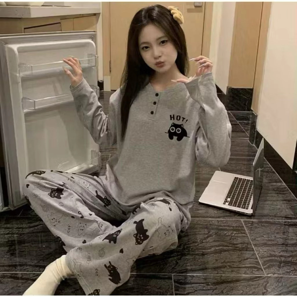 Set Đồ Mặc Nhà Nữ Thu Đông Dài Tay Họa Tiết Mèo Hot, Quần Dài In Hình Mèo Phong Cách Hàn Quốc