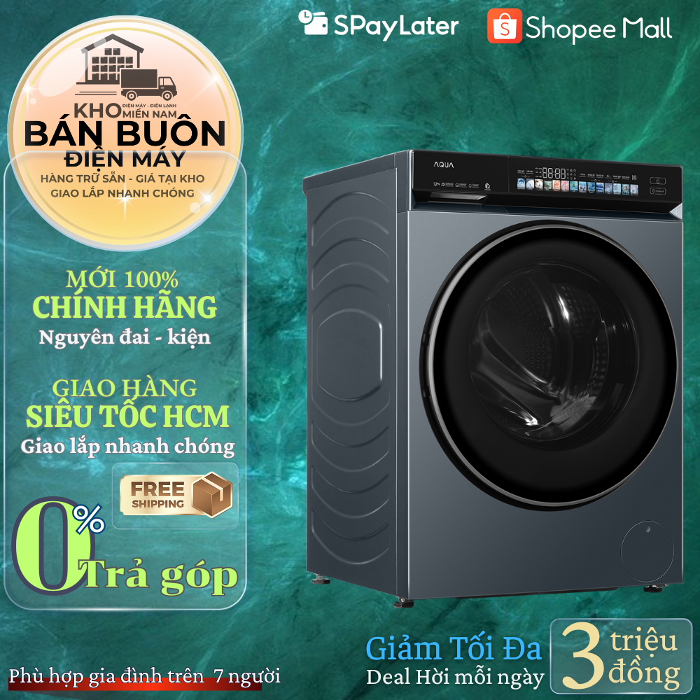 Máy giặt Aqua AW12-BD4377U1L(GN) 12kg – AI Inverter, giặt hơi nước, bảng điều khiển Color AI