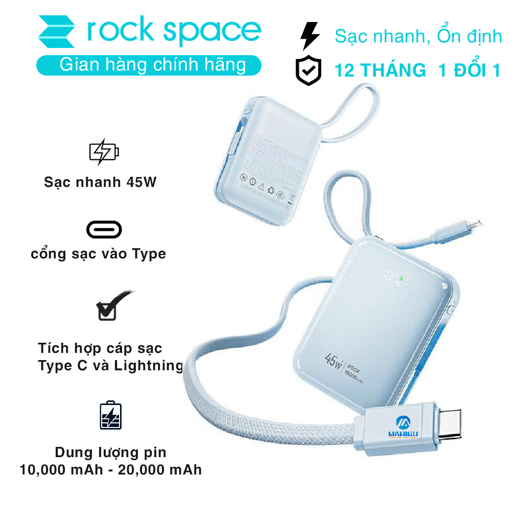 Pin sạc dự phòng ROCKSPACE C03/C04 sạc nhanh 45W tích hợp cáp hàng chính hãng có bảo hành