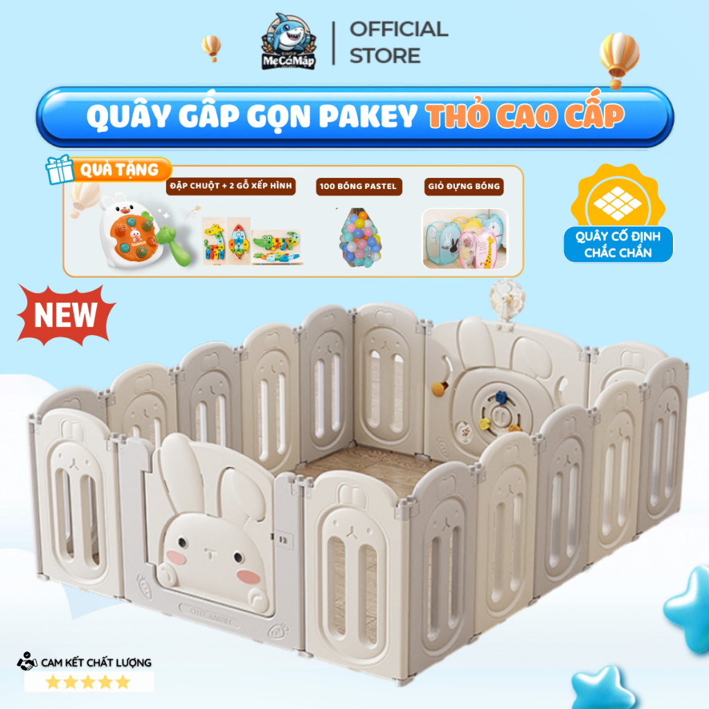 Quây Nhựa Gấp Gọn Pakey Thỏ Cao Cấp 2026 Tặng THẢM + TRỤ BÓNG RỔ+ 100 BÓNG, Quây Cũi Cho Bé Đáng Yêu