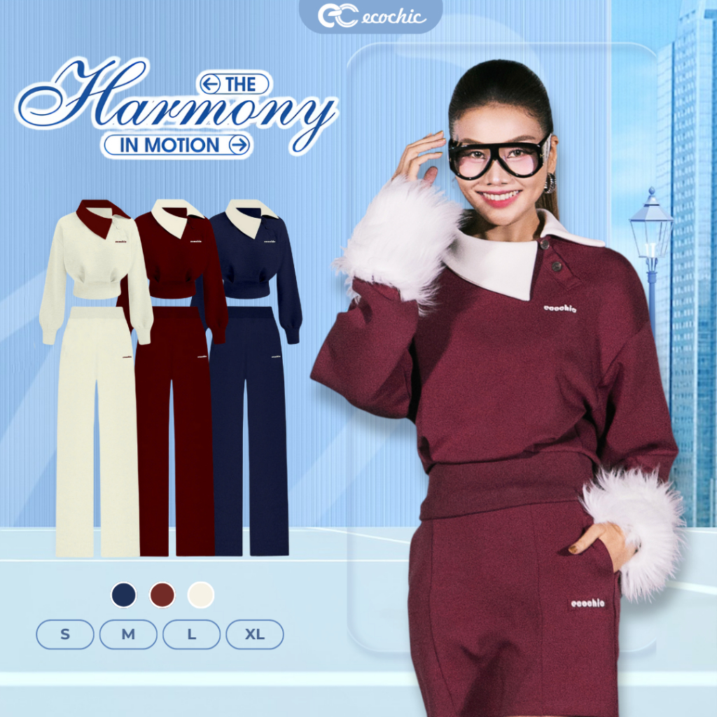 (Tặng bình) Set bộ Áo Cổ Chéo ECOCHIC Áo Dáng Crop Thời Trang Quần Ống Suông Chất Liệu Cao Cấp Chính