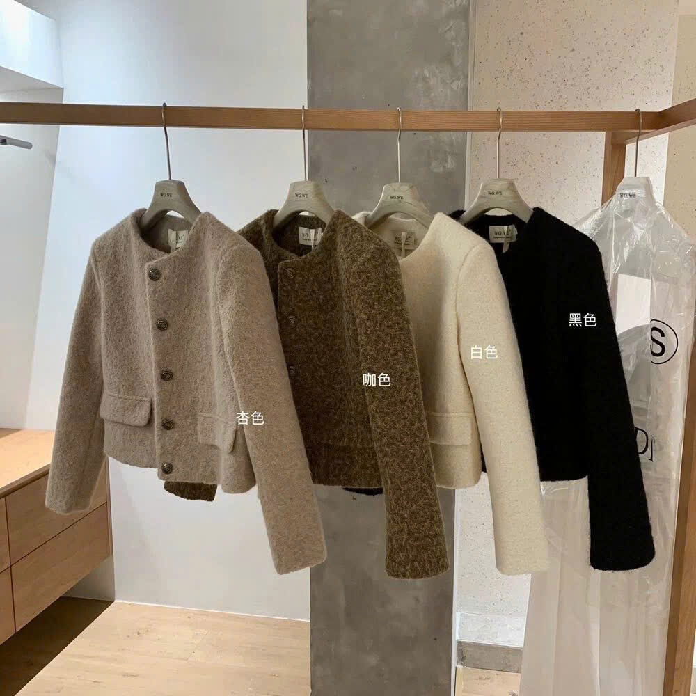 Áo Khoác Dạ Tweed BÔNG XÙ Kiểu Nữ 2 Lớp Có Đệm Vai Dáng Ngắn Basic Cổ Tròn Cúc Đồng Mùa Thu Đông chuẩn mác WG_WE | BigBuy360 - bigbuy360.vn