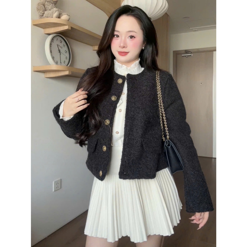 Áo Khoác Dạ Tweed BÔNG XÙ Kiểu Nữ 2 Lớp Có Đệm Vai Dáng Ngắn Basic Cổ Tròn Cúc Đồng Mùa Thu Đông chuẩn mác WG_WE | BigBuy360 - bigbuy360.vn
