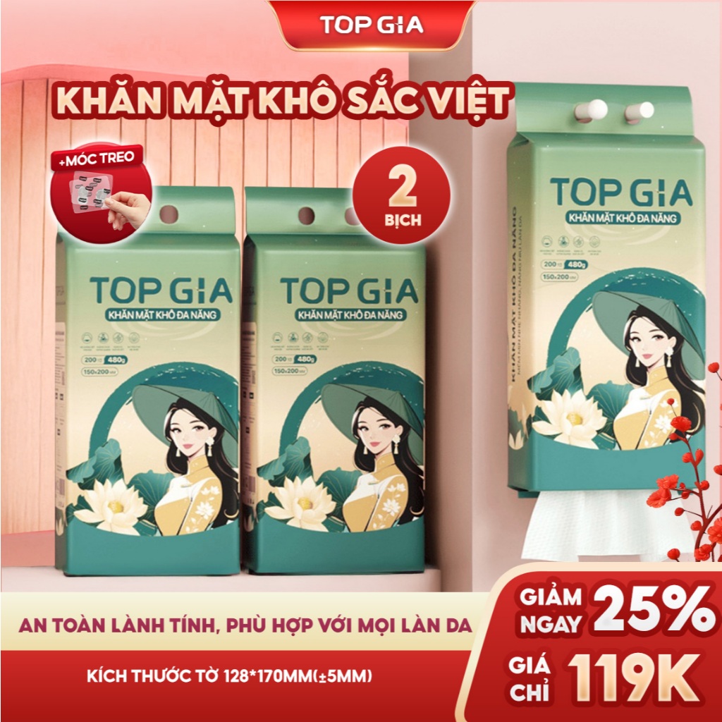  Khăn mặt khô Top Gia treo tường Sắc Việt dùng 1 lần mềm mịn an toàn cho da bịch 200 tờ 