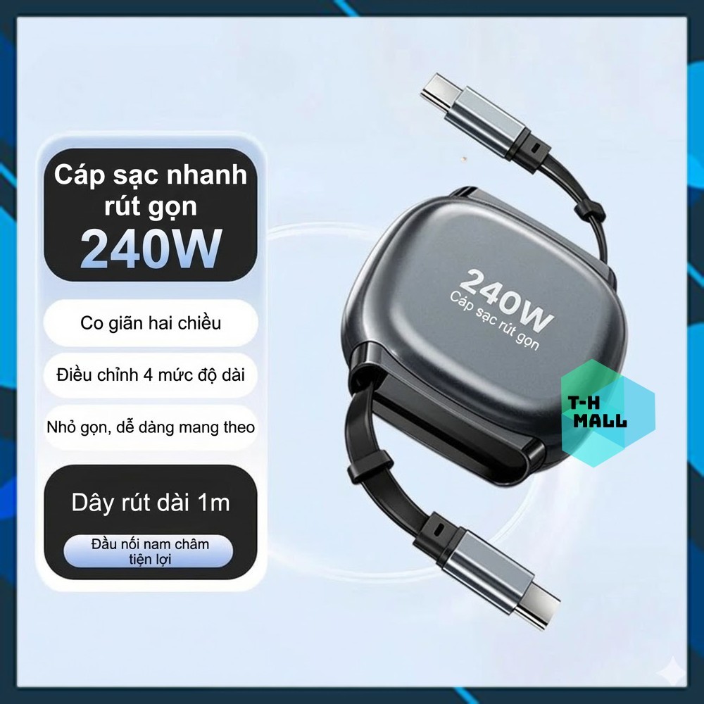 Cáp sạc nhanh 240W rút gọn USB Type C to C PD3.1 cuộn tự động đầu nam châm sạc nhanh Điện Thoại Lapt