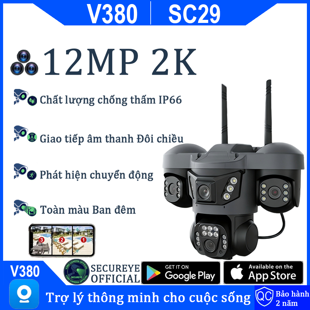 Camera 3 mắt V380 Pro Ngoài Trời Chống Nước IP66, Đêm Màu, Theo Dõi, 5 Năm BH