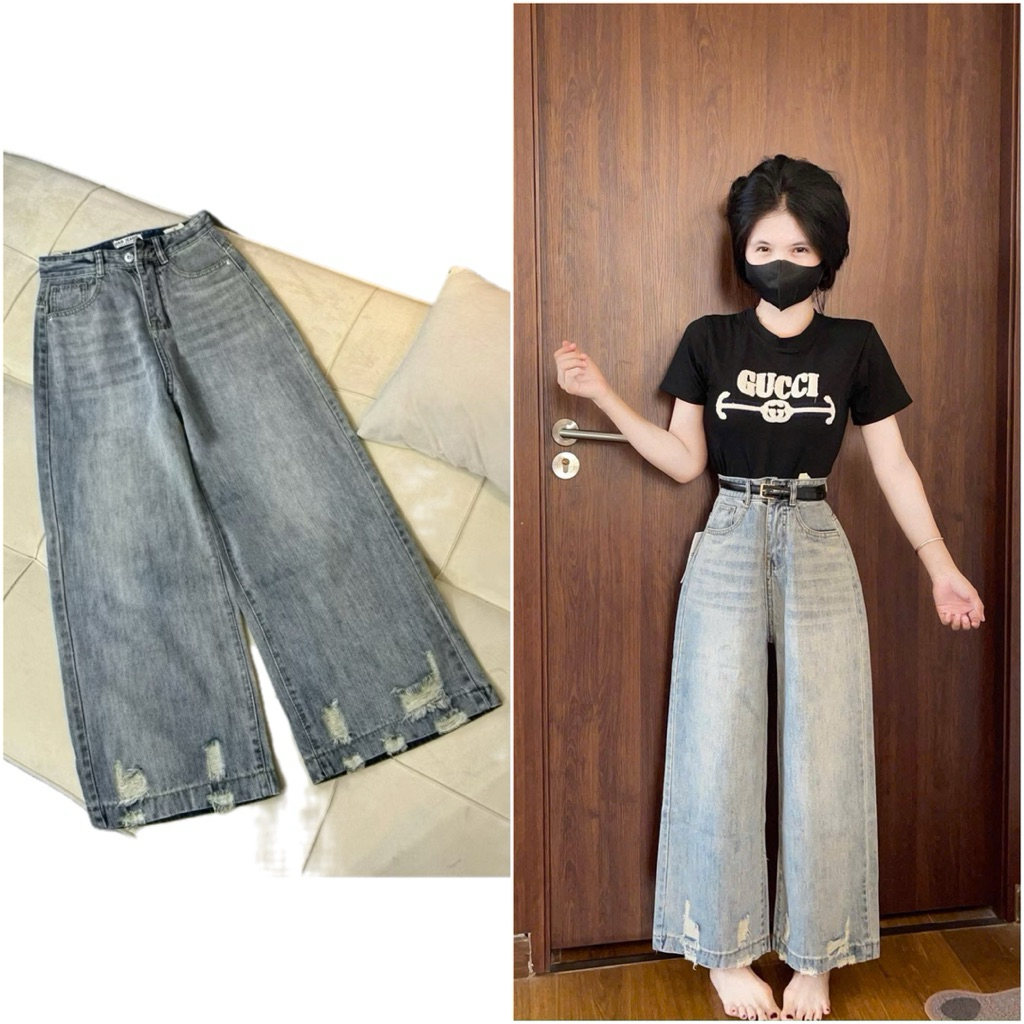 [M1] 95CM - QUẦN JEAN SUÔNG NẤM TRƠN RÁCH KIỂU DƯỚI LAI - STORE BASIC