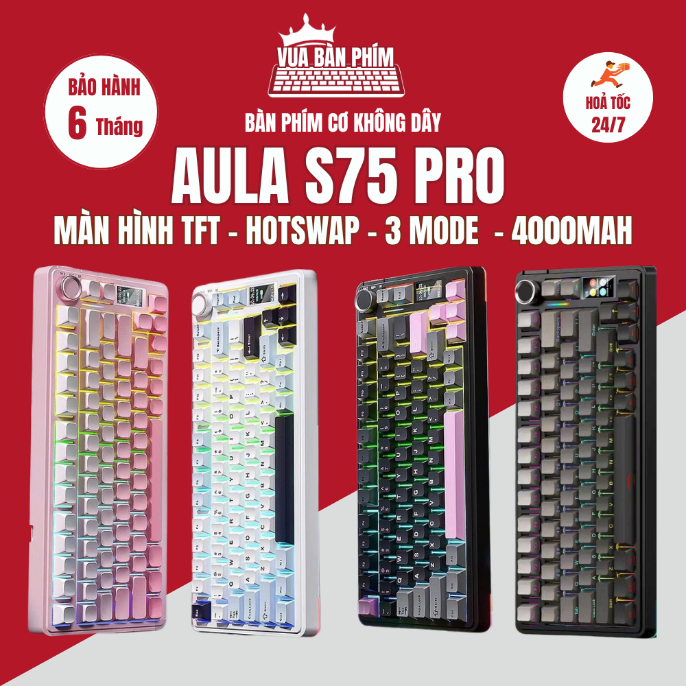 Bàn phím cơ aula S75 Pro 3 mode, màn hình tùy chỉnh, led rgb, gasket mount, hotswap, key cap pbt double shot, full foam | BigBuy360 - bigbuy360.vn