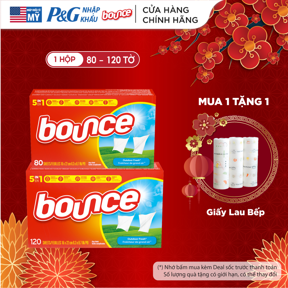  Giấy Sấy Thơm Quần Áo BOUNCE Outdoor Fresh Tươi Mới giấy thơm làm mềm vải giảm xơ nhăn tĩnh điện Hộp 80  120 Tờ - Mỹ 