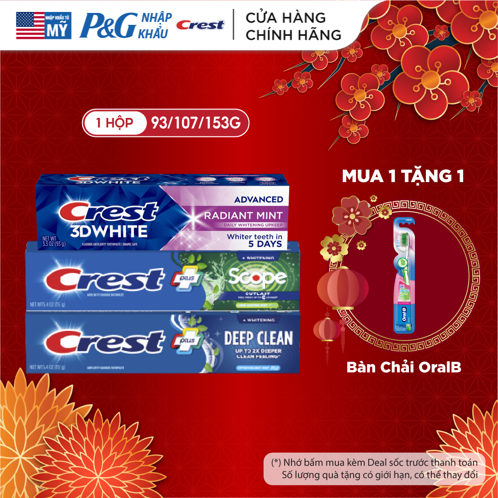  Kem Đánh răng CREST 93 107 153g 161g 323g 3D White Plus Complete trắng sáng ngăn ngừa vôi răng  hộp đơn hộp đôi  - Mỹ 