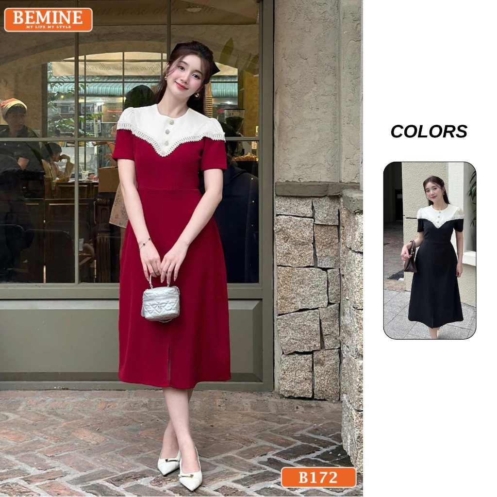 Đầm thiết kế BEMINE cổ tròn phối viền ren cách điệu dáng chữ A phù hợp đi làm-B172