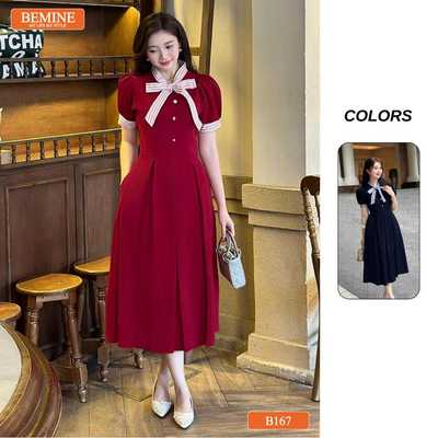 Đầm thiết kế BEMINE cổ trụ phối sọc nơ dáng chữ A phù hợp đi chơi-B162