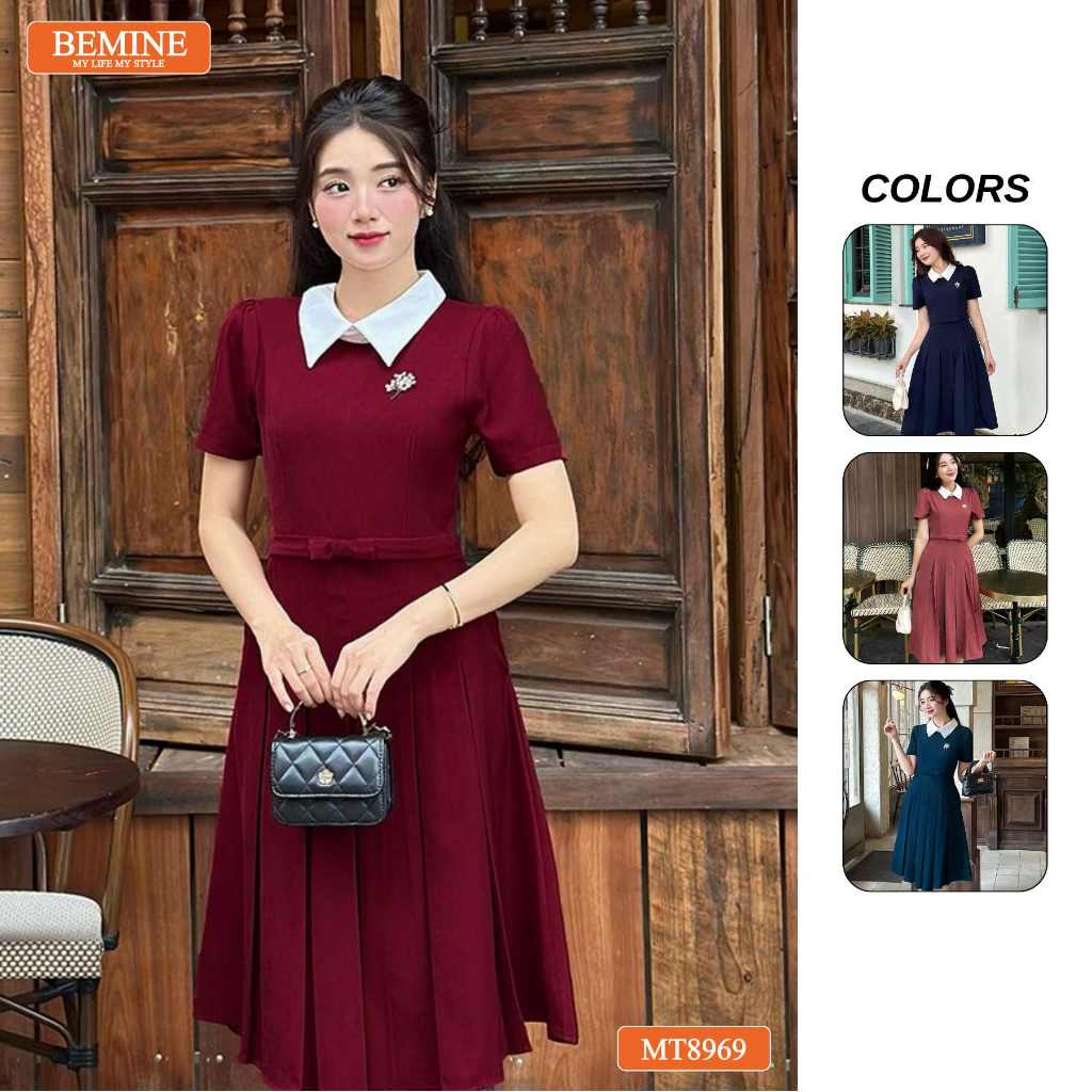 Đầm thiết kế cổ sen eo đính nơ tùng xếp ly BEMINE MT8969