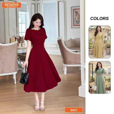 Đầm thiết kế BEMINE cổ thuyền kiểu gợn sóng đính nơ dáng chữ A phù hợp đi làm, đi chơi-B403