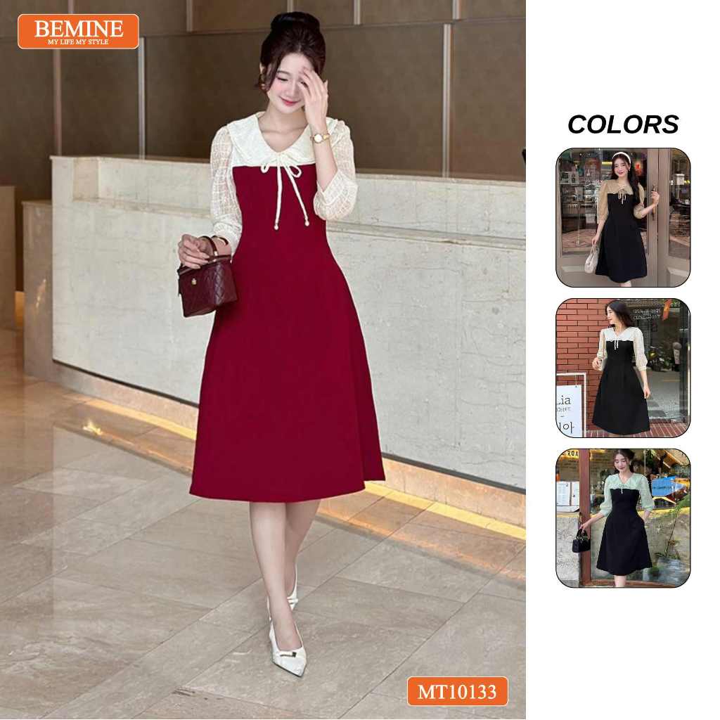 Đầm thiết kế BEMINE cổ V phối ren thêu hoa tay lửng dáng chữ A phù hợp đi làm, đi chơI-MT10133
