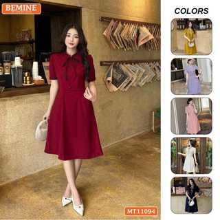  Đầm thiết kế BEMINE cổ tròn có dây nơ phối bèo dáng chữ A phù hợp đi làm-MT11094 