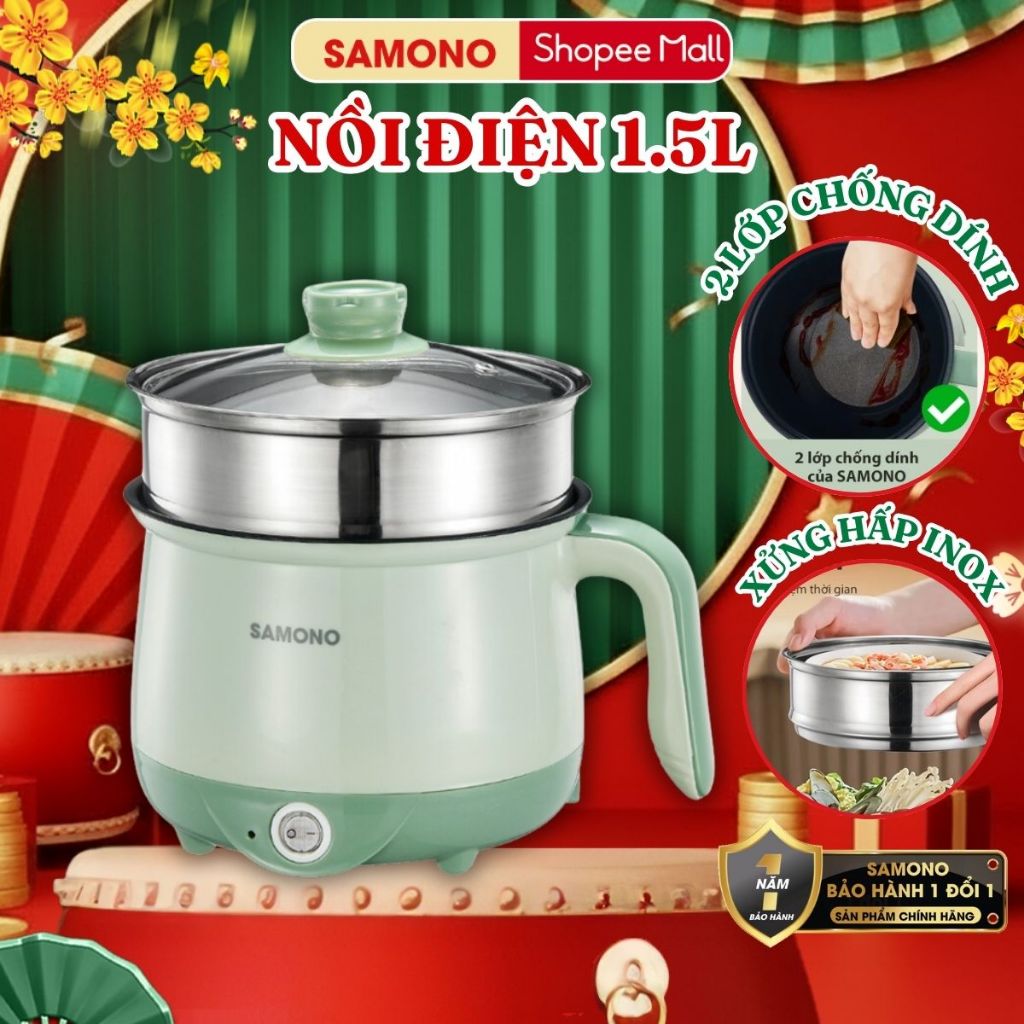 (BH 1 năm) Nồi điện đa năng dung tích 1.5L Samono SW-DG01P phủ 2 lớp chống dính, công suất 600W, kèm