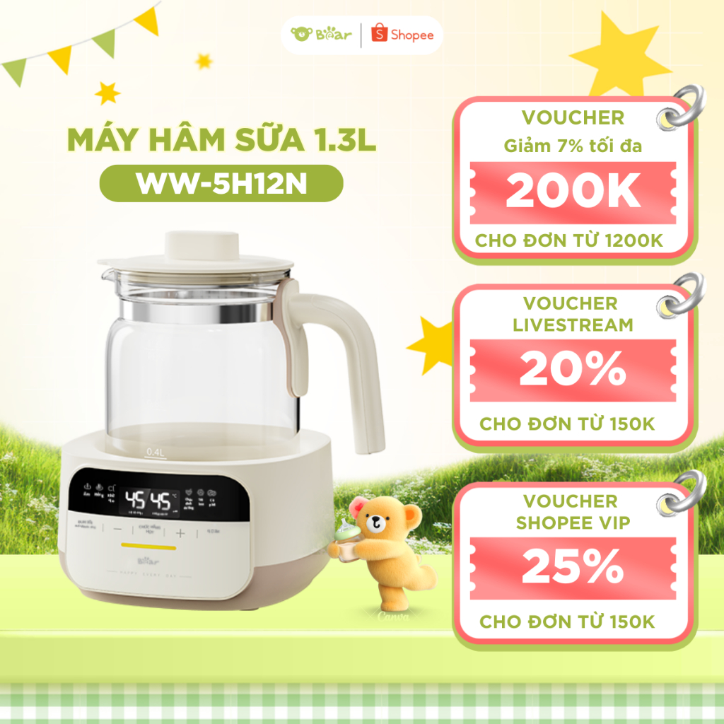 Máy Đun Nước Pha Sữa Bear 5H12N Dung Tích 1.3L Máy Hâm Sữa Rã Đông Sữa Mẹ Bình Nấu Nước