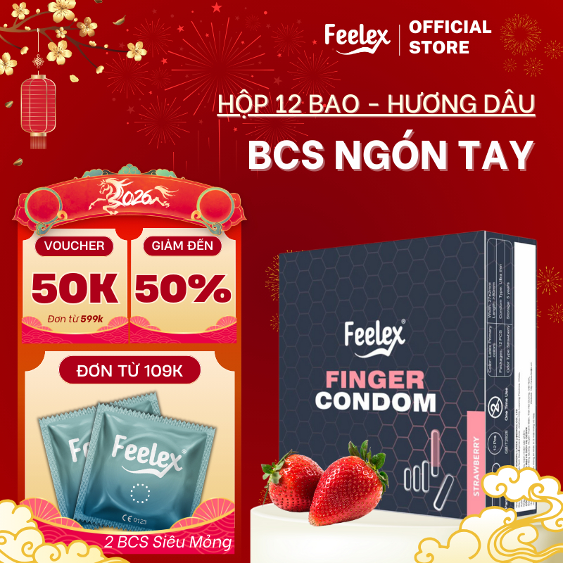 Bao cao su ngón tay Feelex finger nhiều gel, hương dâu - hộp 12 bcs
