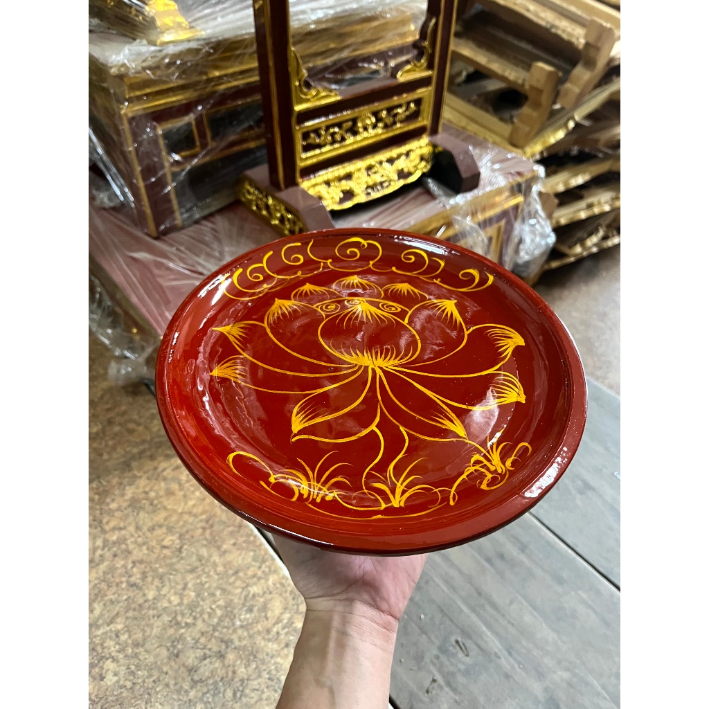 Mâm bồng gỗ mít sơn son thếp vàng, mâm bồng vẽ họa tiết sen, mâm đựng hoa quả ban thờ gia tiên