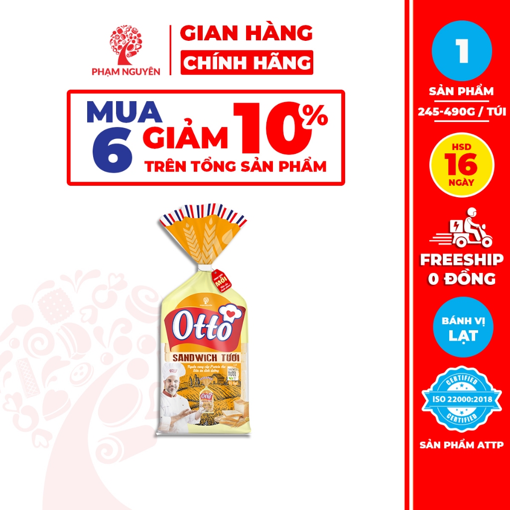 [MUA 6 GIẢM 10%] 1 Túi Bánh Sandwich lạt Otto Phạm Nguyên (490g/245g) | Bánh ăn sáng | Bánh mì vị lạ