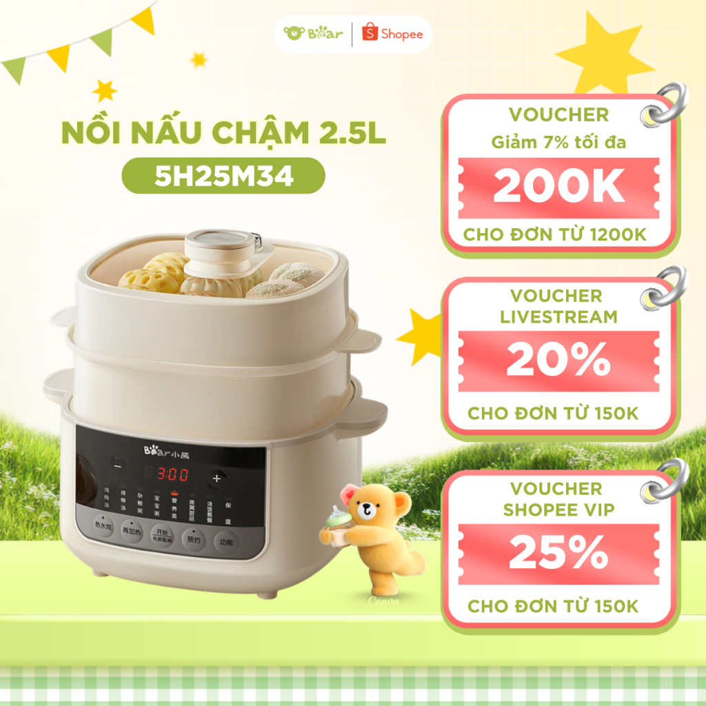 Nồi Nấu Chậm Bear SC - 5H25M34 Dung Tích 2.5L Có Xửng Hấp 8 Chế Độ Nấu Hầm Hấp Cho Bé Giữ Trọn Dinh 