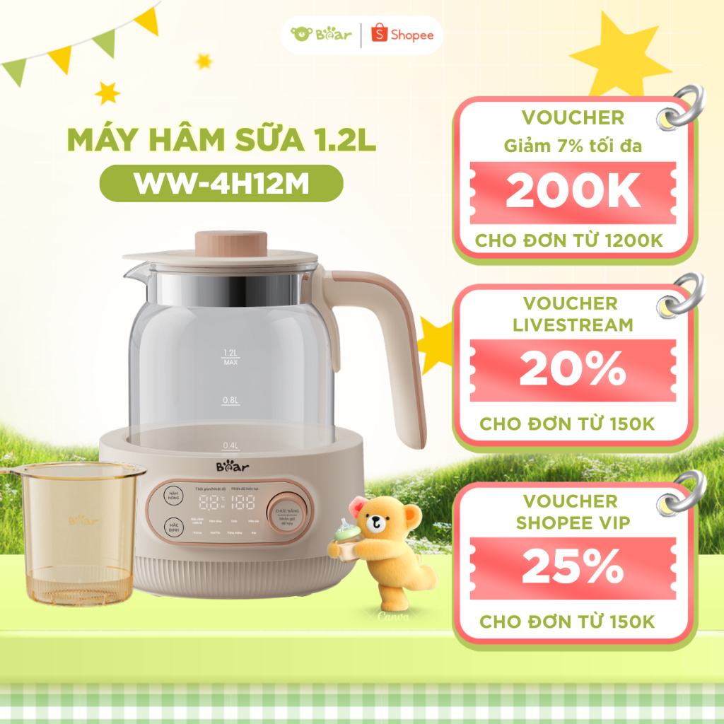 Máy Đun Nước Pha Sữa BEAR WW-4H12M Dung Tích 1.2L Giữ Nhiệt Hâm Sữa Cho Bé
