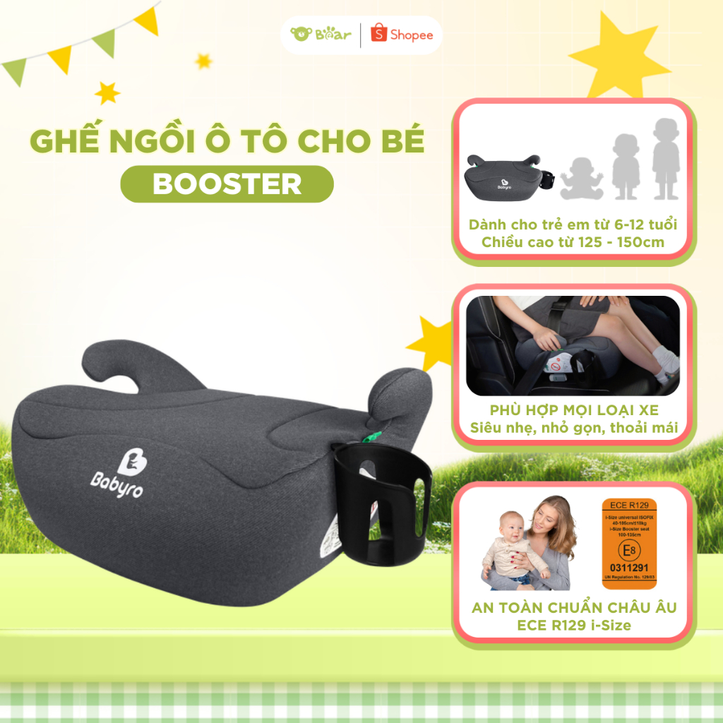 Ghế Ngồi Ô Tô Cho Bé BABYRO BOOSTER Tiêu Chuẩn ECE-R129 Đệm Nâng Đệm Ghế Cho Trẻ Em 6 7 8 9 10 11 12