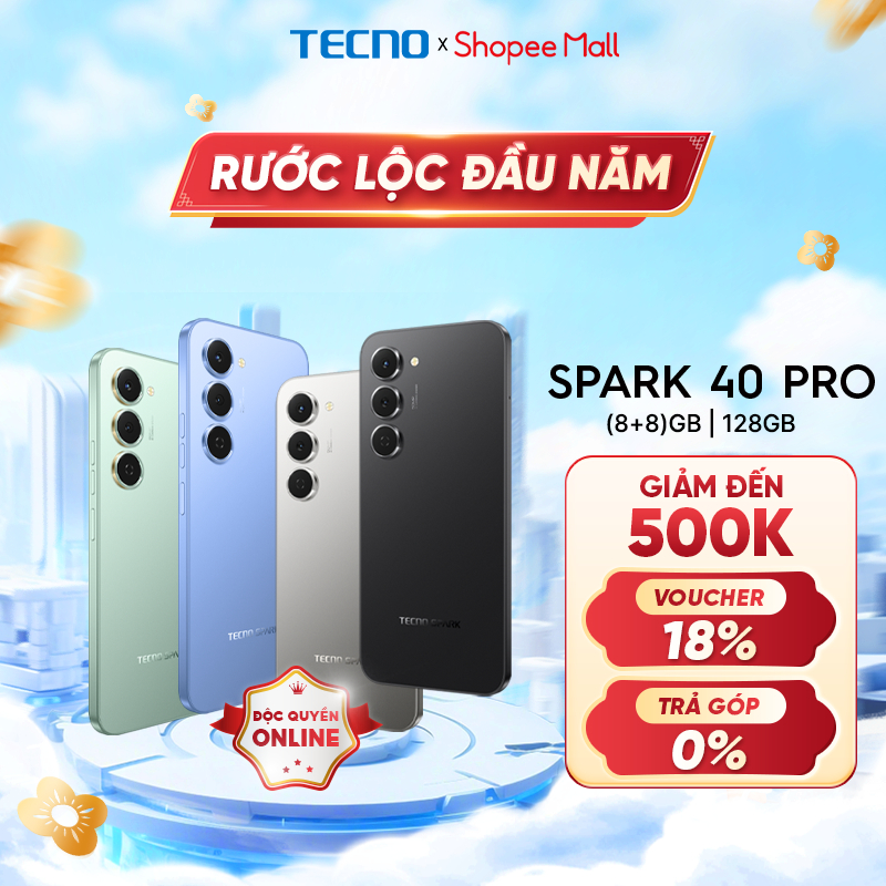   Độc Quyền  Điện thoại TECNO SPARK 40 PRO  8+8 GB 128GB - Màn hình AMOLED 1.5K & 144Hz | Mỏng 6.69mm | Sạc nhanh 45W 